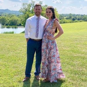 Pink and blue flower patterned maxi wrap dress with ruffle details